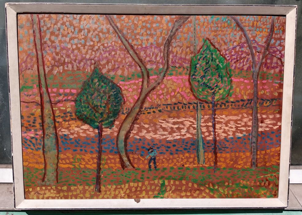 Tablou vechi - peisaj pointilism - semnat indescifrabil
