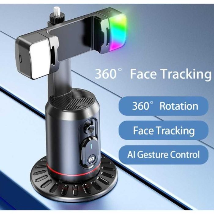 Държач за телефон с автоматично проследяване на лицето,завъртане на 360°, стойка за камера, дистанционно управление, светлина за поточно видео на живо