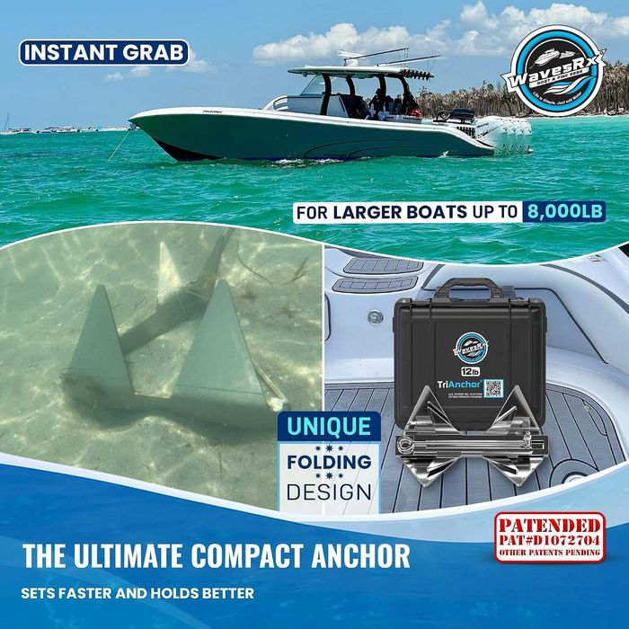 WAVESRX TriAnchor Сгъваема котва от неръждаема стомана за лодка, джет или катер, 12 lb