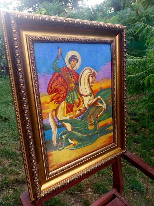 Icoană „Sfântul Gheorghe ucigând balaurul” – pictură pe panou de lemn, 50 × 60 cm