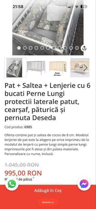 Pat+saltea+ lenjerie cu 6 bucati perne lungi, protectii laterale patut