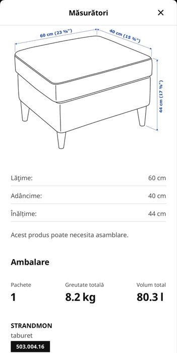Taburet gri Strandmon Ikea neutilizat