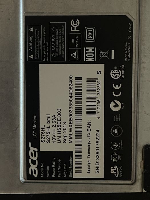 Монитор 27″ Acer S275HL, IPS, Full HD