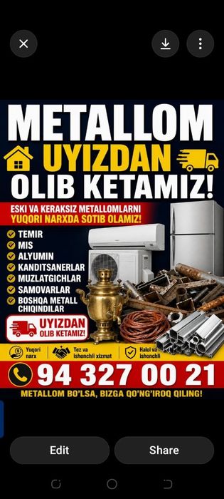 Metalom qabul qilamiz uyizdan olib ketish hizmatibor
