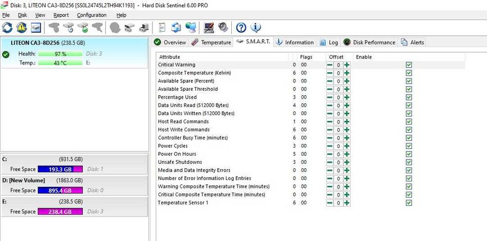 Solid-State Drive (SSD) Lite-On 256GB M.2 NVMe PCIe Gen 3x4, 2100 MB/s Read, 97% Health (HDD Sentinel)