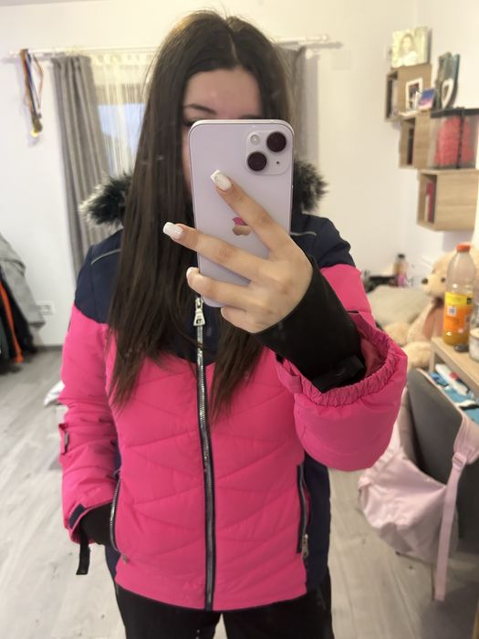 Geaca LOAP ski roz-albastru inchis cu gluga cu blaniță