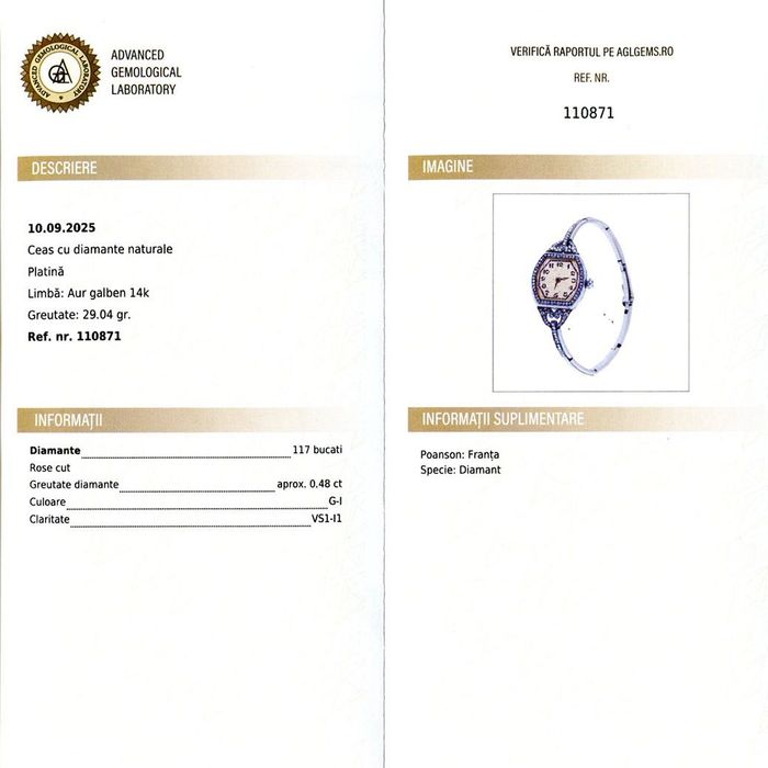 ceas Art Deco din platina cu diamante, Franta, functioneaza, certif.
