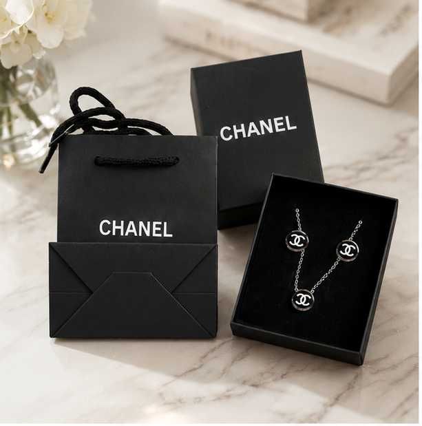 шанел комплект обеци и колие бижута неръждаем материал нов chanel черен