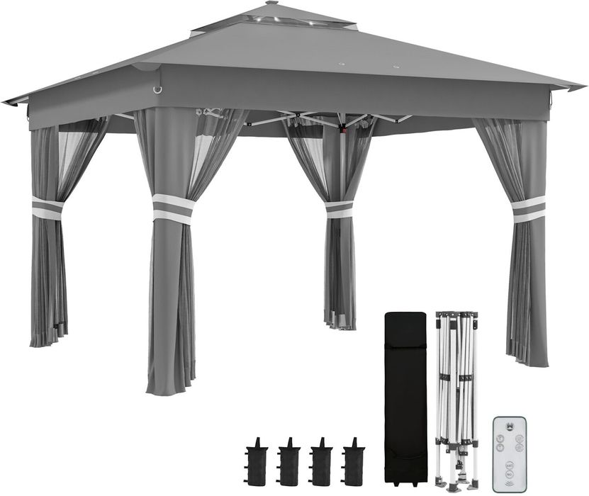 Pavilion pliabil Outsunny aprox. 3 x 3 m, Pavilion cu LED, 4 perdele de plasă,