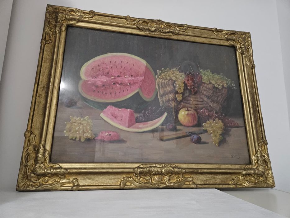 Pictură de colecție: Cornel Rațiu – „Natură statică cu pepene și struguri”