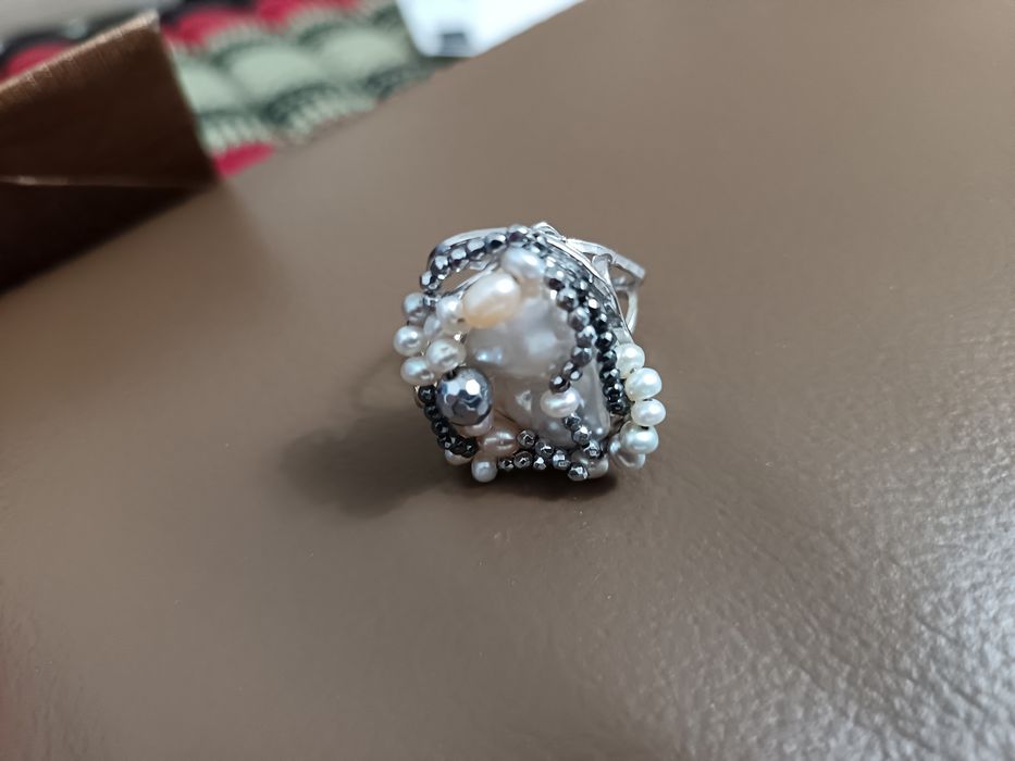 Inel Miracle din argint cu perlă baroc și hematit natural