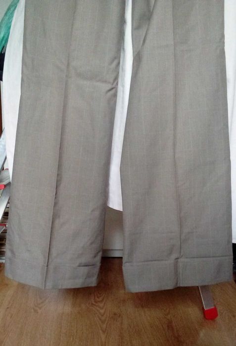 pantaloni Stefanel, ecosez gri - bleu, largi, cu manseta, 40/S, noi