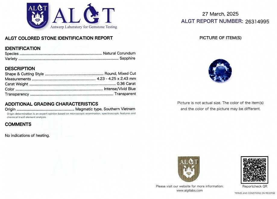 Safire rotunde 0,36-0,37 ct., ALGT Antwerp-cod 10480,10481