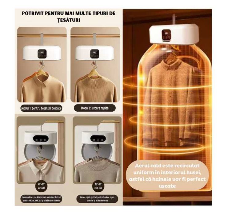 Uscator de rufe electric, pliabil cu sterilizare UV, ecran tactil