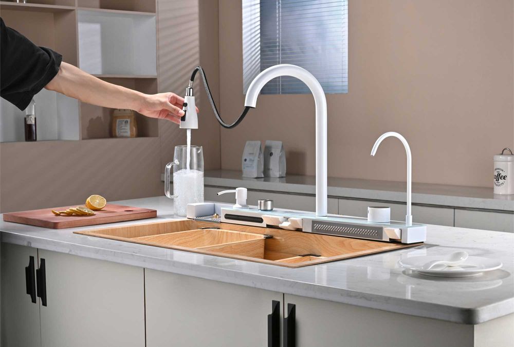 Дъб натур - Мултифункционална кухненска мивка с двоен водопад