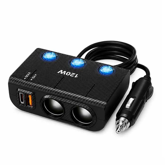 Разклонител за запалка с 2 гнезда, 120W, USB QC 4.0 и Type-C PD