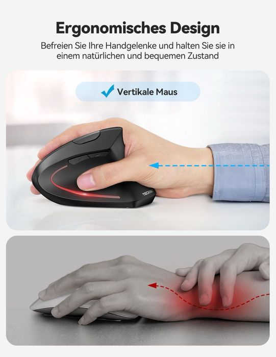 Mouse vertical ergonomic TECKNET wireless Bluetooth 5.0 + 2.4G, 4800 DPI, reîncărcabil