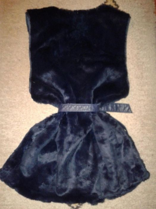 Синя дълга подплата / елек от естествен косъм чинчила с колан