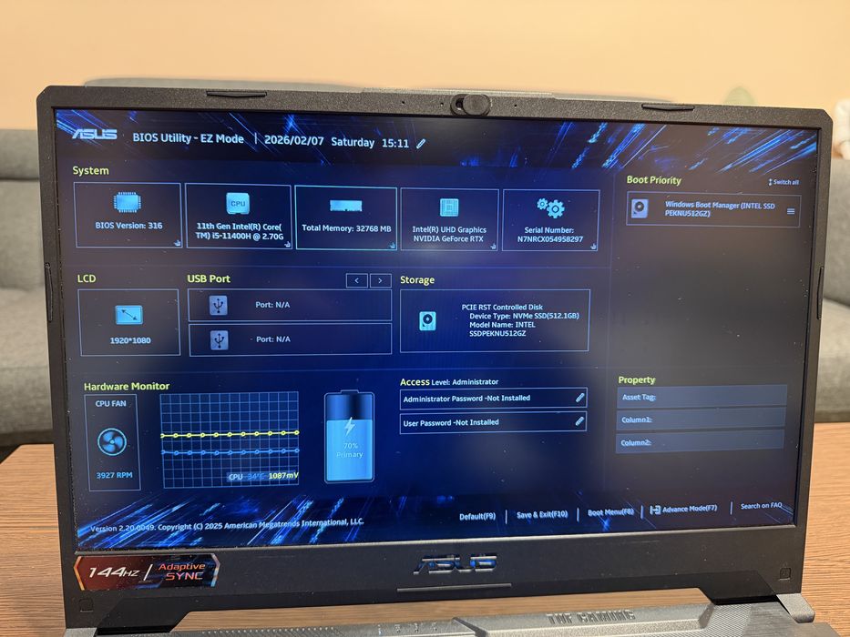 Laptop de gaming Asus TUF F15  i5 11400H RTX 3050 32GB ram