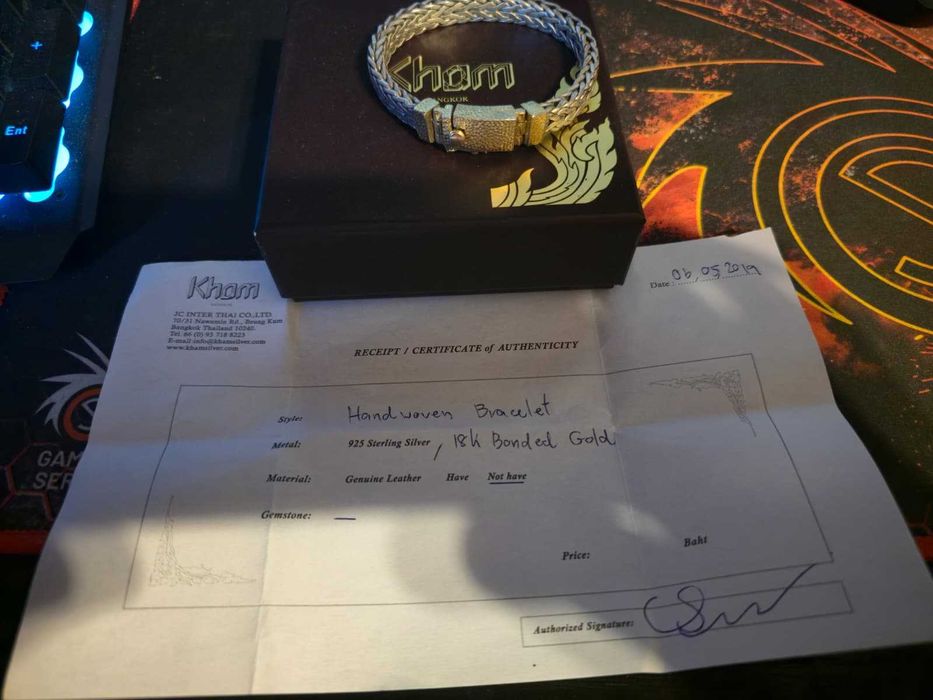 Vând brățară originală KHAM Bangkok, împletită manual, din argint 925 placat cu aur de 18K