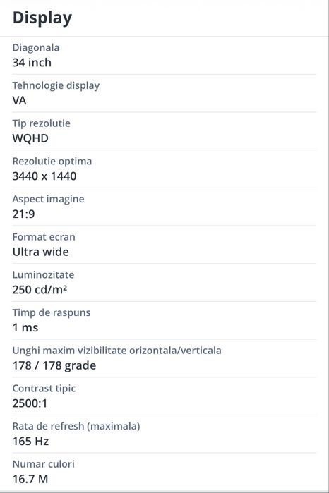Monitor Curbat Samsung Odyssey G5 34 inch Curbat 165Hz WQHD impecabil fullbox