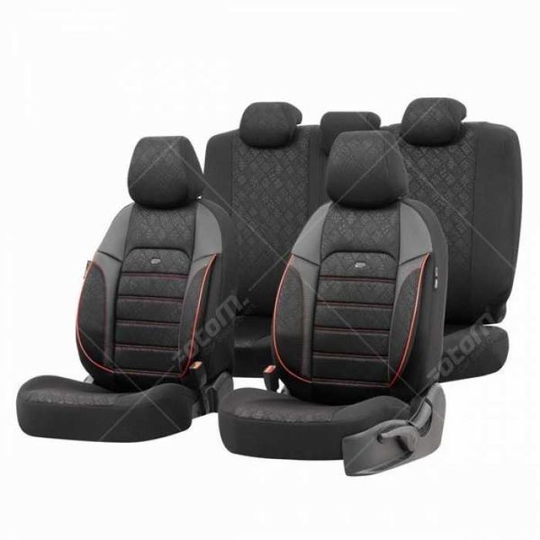 Тапицерия за предни и задни седалки,карбон,черен цвят,червени ленти