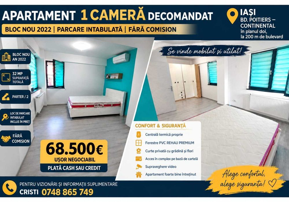 OCAZIE! ZERO COMISION apt 1 C D , 33 mp, bloc NOU 2022, la 250 m de bd Poitiers