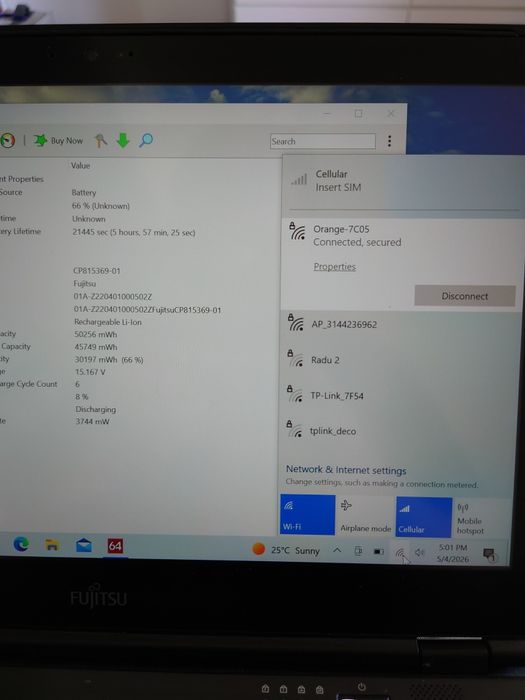 Laptop Fujitsu Touch Screen • i5•12gb RAM•256gb• Usb C•Taste luminate, bateria 6 cicluri 6-7 ore, Modem 4-5G cartela sim Cellular