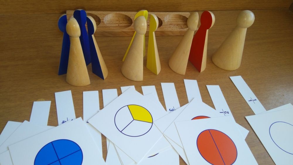 Монтесори фигури за деления 1, 1/2, 1/3 и 1/4 плюс карти и поставка