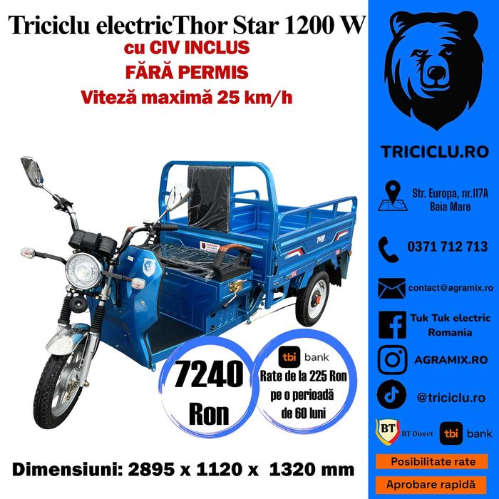 Triciclu electric Thor Star PLUS nou fara permis cu CIV Agramix