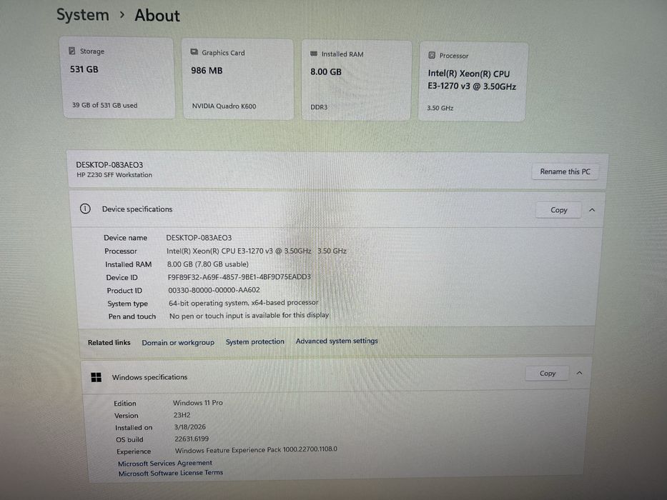 HP Z230 SFF Xeon E3-1225 V3 8GB DDR3 250GB SSD 320GB HDD Video Nvidia