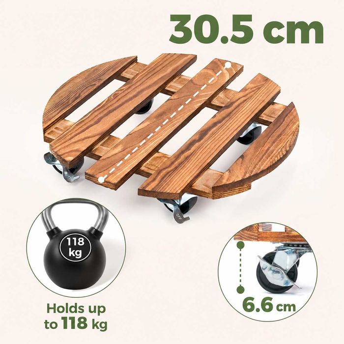 Suport ghivece rotund cu roti, pivotante 360°, sistem de blocare, diametru 30 cm, Lemn