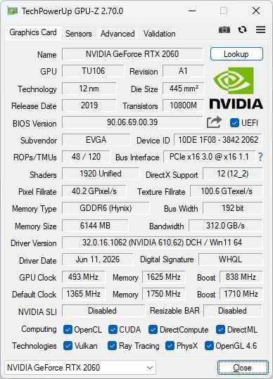Видеокарта NVIDIA EVGA GeForce RTX 2060 SC GAMING 6GB