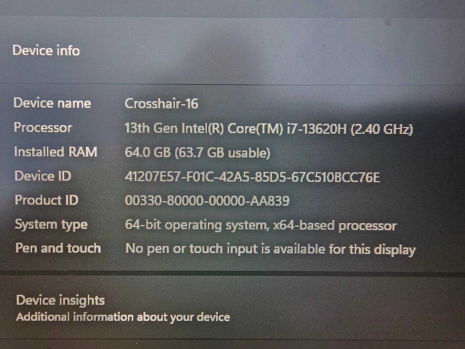 Laptop Gaming MSI Crosshair 16/ 64GB DDR5/ RTX 4070/ i7 Gen 13