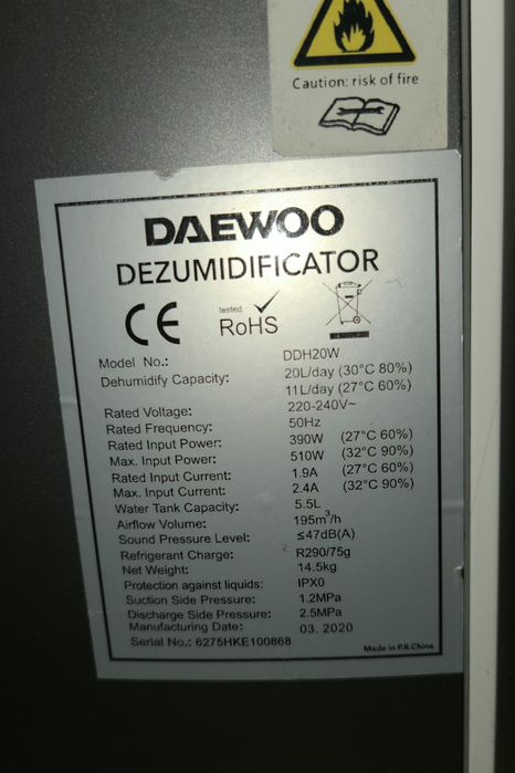 Dezumidificator aer Daewoo DDH20W, 20L/zi, Rezervor 5.5L, Stare Foarte Bună