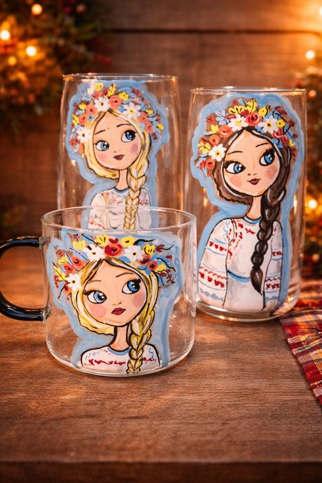 рисувани  чаши, моми, български, фолклорни, традиционни