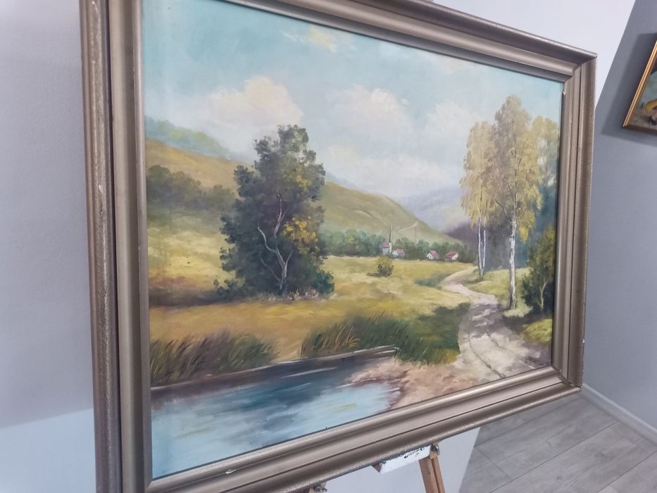 Стара маслена картина "Пейзаж с брези" – 78х59 см | Подписана