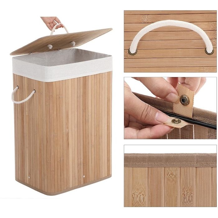 Cos de rufe din bambus, pliabil, cu captuseala detasabila, 72L