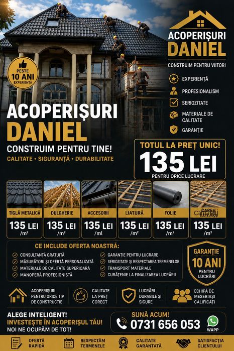 Montaj Acoperisuri – Reparatii acoperisuri – Mansardare – Dulgherie: 

Va punem la dispozitie servicii de montaj acoperisuri, reparatii