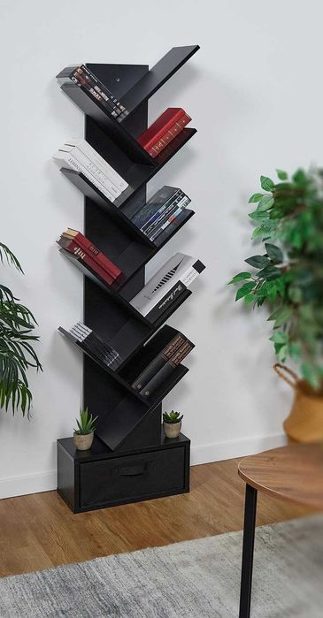 Рафт секция, библиотека дърво за книги 9 нива с чекмедже, цвят черен, бял, венге
