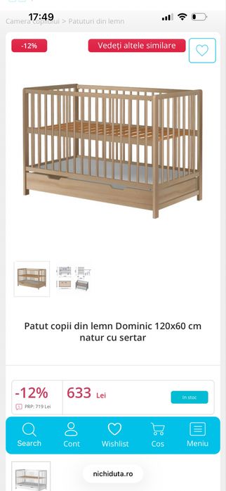 Patut bebe din lemn cu ladita de depozitare si saltea cu husa detasabila si husa de protectie de