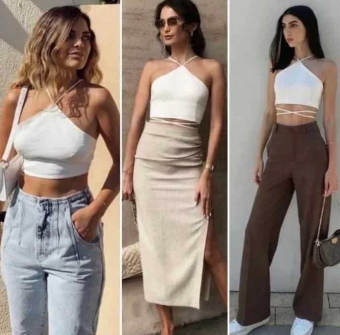 Zara ленен къс кроп топ с гол гръб с връзки екрю