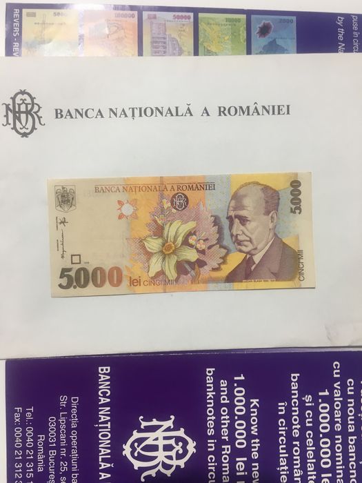 Bancnota 5000 Lei Lucian Blaga serie A ca noua si 3 de 1000 Lei