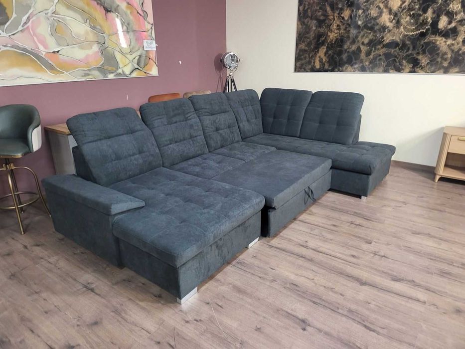 Тъмно сив П - образен ъглов диван Nixon с функция сън