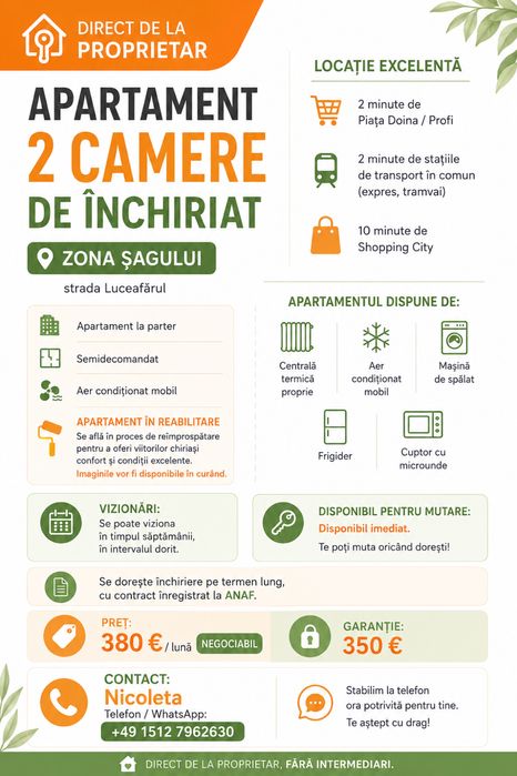 Apartament 2 camere de închiriat – Zona Șagului |