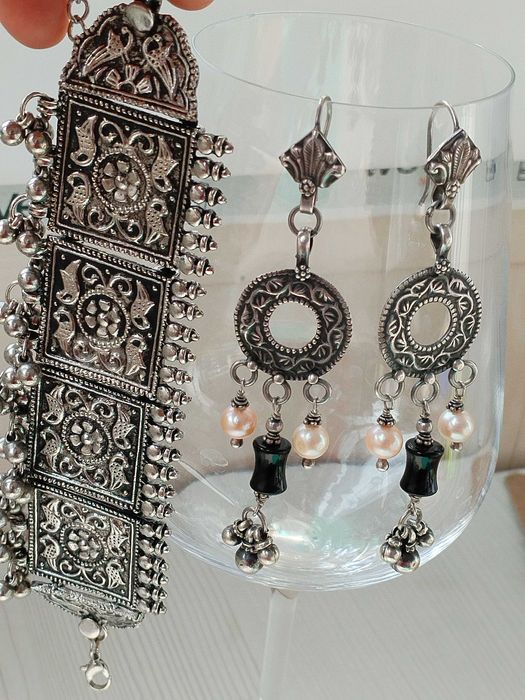 Серьги серебряные с агатом и жемчугом