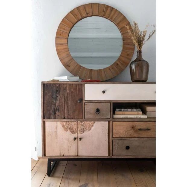 83см! Огромно кръгло огледало с масивна дървена рамка