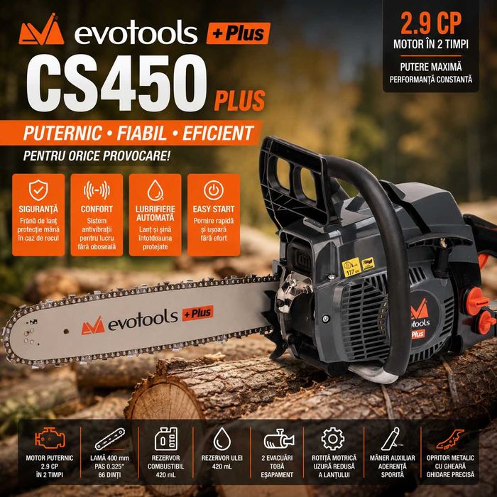 Motoferăstrău EvoTools CS450 Plus – Putere, Siguranță și Performanță Profesională!