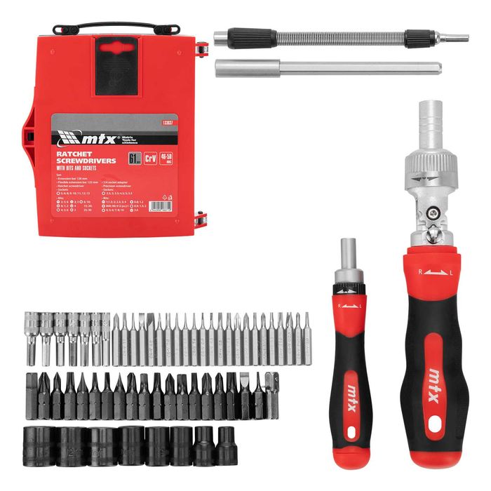 Отвертка реверсивна с битове и вложки, 61 части, CrV MTX - 133637