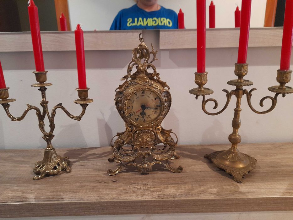 Ceas de șemineu și 2 sfesnice bronz masiv